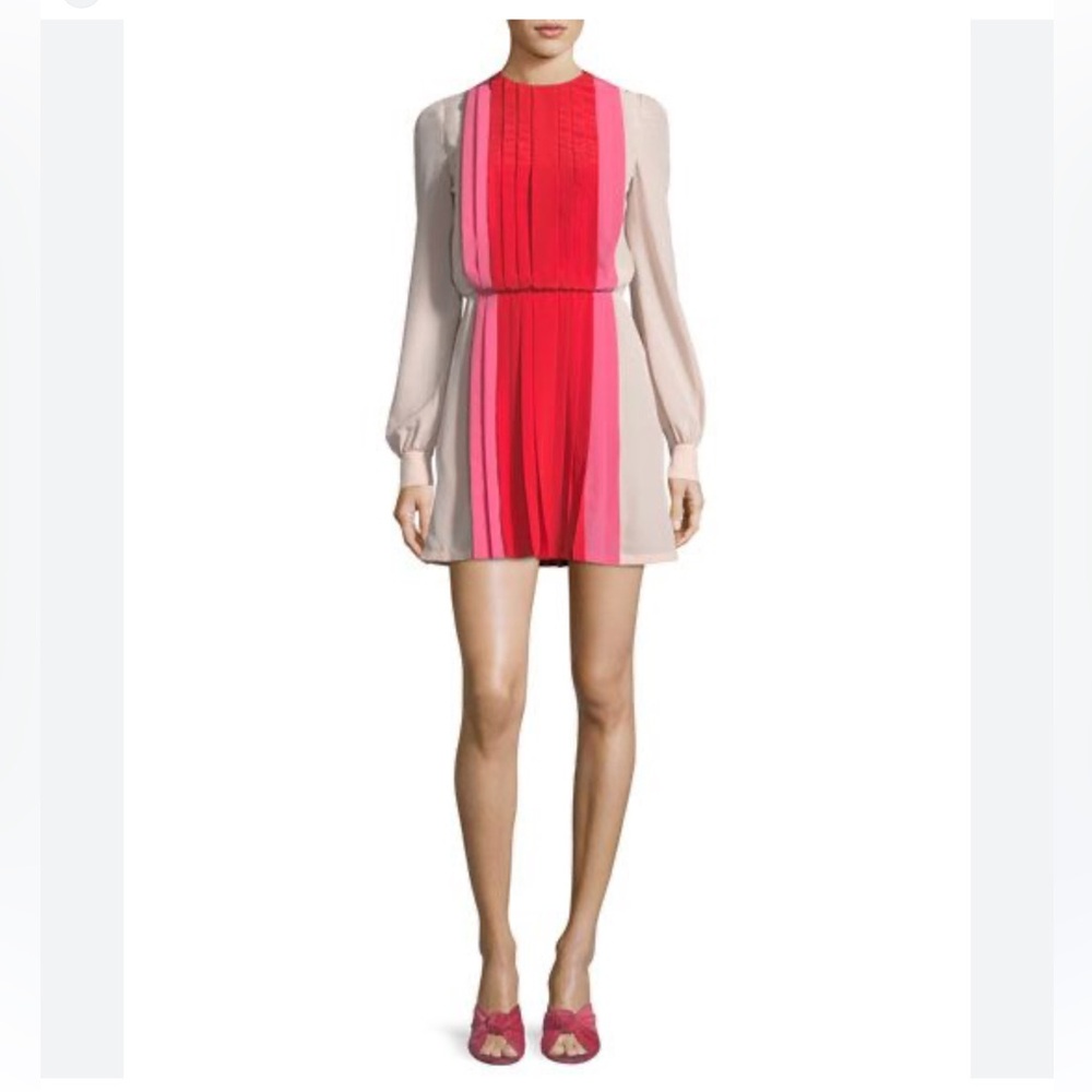 Valentino Silk Colorblock Long Sleeve Dress – Pink, Fuchsia & Red Mini Pleated